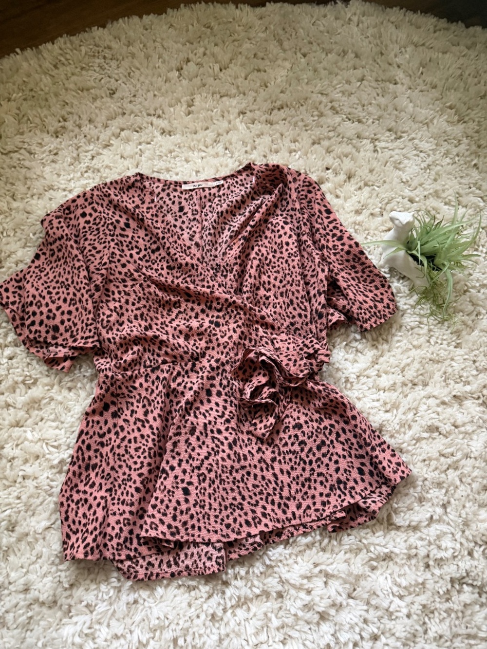 Soft pink leopard-print wrap miami Rose Pink Wrap Blouse with Side Tie with a se